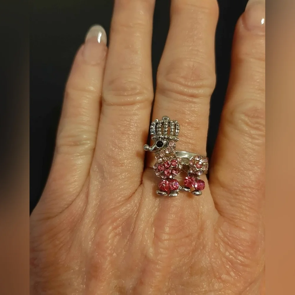 Vintage Pink Rhinestones Poodle Silver Tone Adjustable Ring